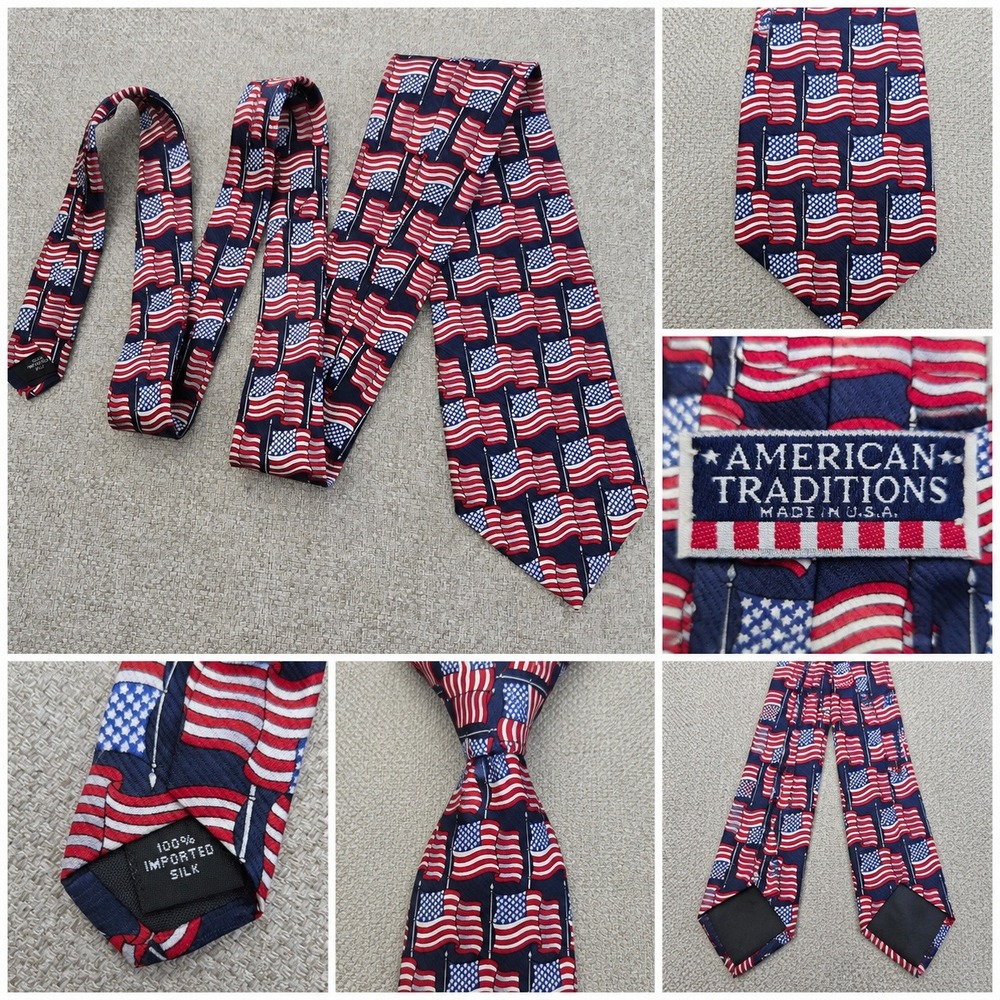 American Traditions Mens Silk Necktie American Flag Patriotic Stars Stripes Navy